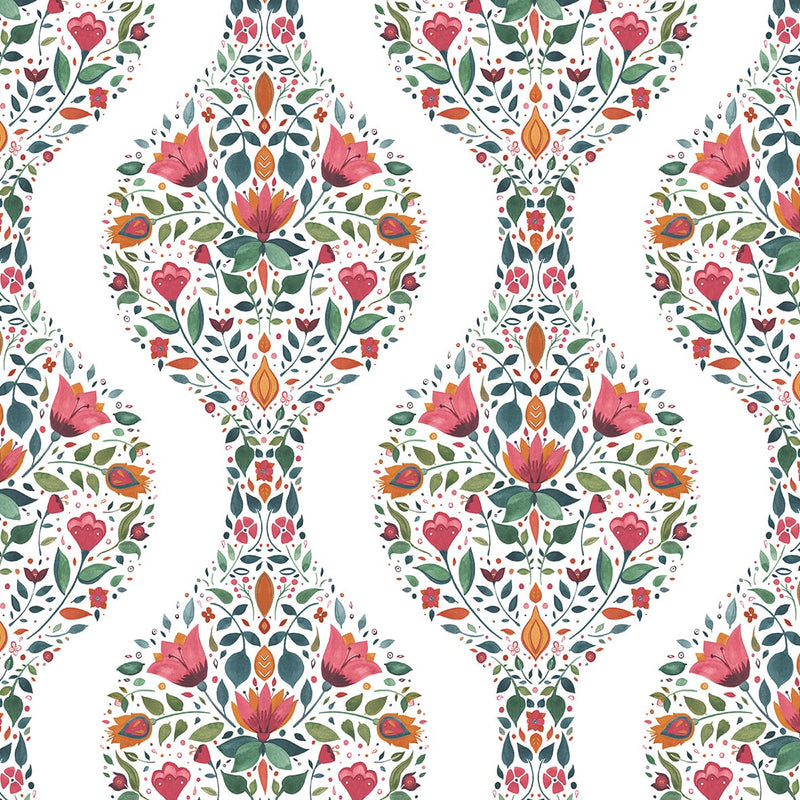 media image for Floral Ogee Peel-and-Stick Wallpaper in Rose Pink & Spruce 289