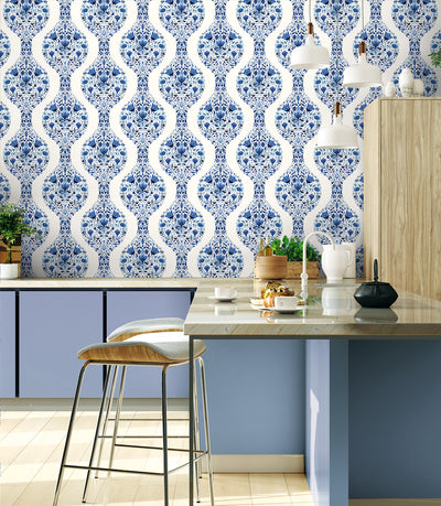 product image for Floral Ogee Peel-and-Stick Wallpaper in Bluestone 18