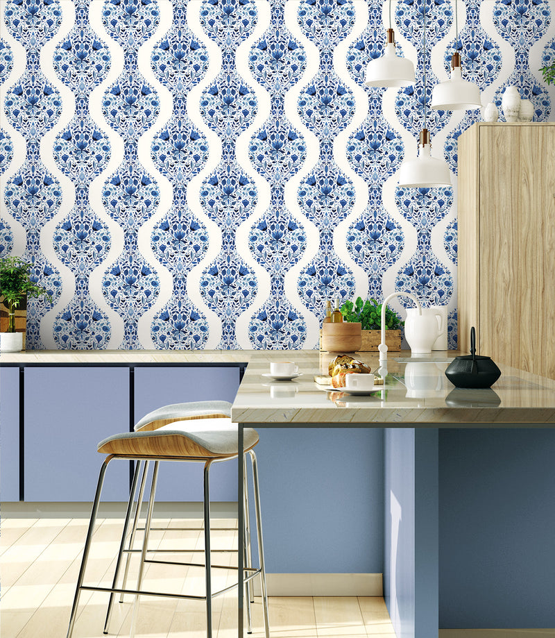 media image for Floral Ogee Peel-and-Stick Wallpaper in Bluestone 277