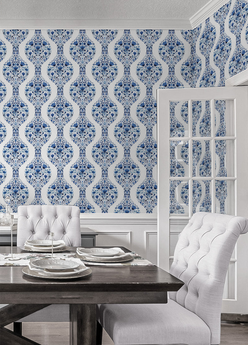 media image for Floral Ogee Peel-and-Stick Wallpaper in Bluestone 264