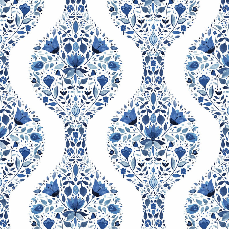 media image for Floral Ogee Peel-and-Stick Wallpaper in Bluestone 286