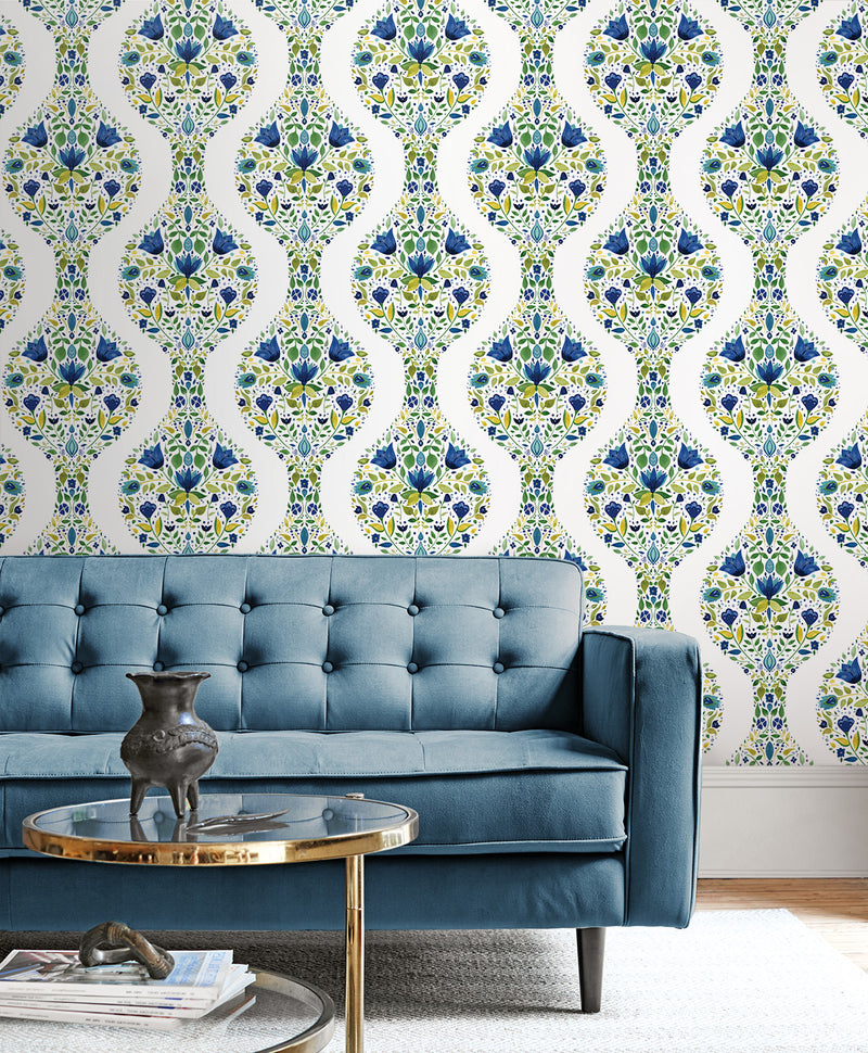 media image for Floral Ogee Peel-and-Stick Wallpaper in Cobalt & Spring Green 297