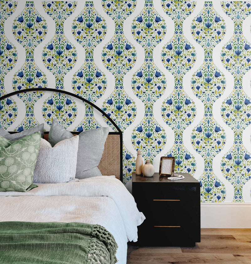 media image for Floral Ogee Peel-and-Stick Wallpaper in Cobalt & Spring Green 27