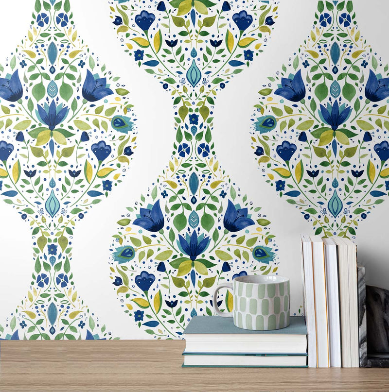 media image for Floral Ogee Peel-and-Stick Wallpaper in Cobalt & Spring Green 285