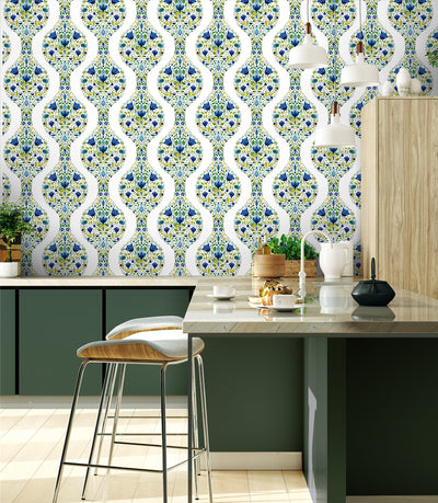 product image for Floral Ogee Peel-and-Stick Wallpaper in Cobalt & Spring Green 17