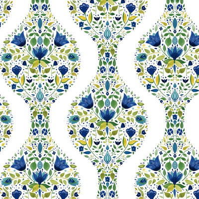 product image of Floral Ogee Peel-and-Stick Wallpaper in Cobalt & Spring Green 588