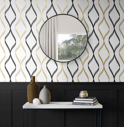 product image for Ogee Ribbon Peel-and-Stick Wallpaper in Metallic Gold & Ebony 18