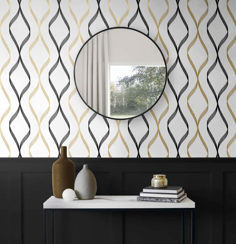 media image for Ogee Ribbon Peel-and-Stick Wallpaper in Metallic Gold & Ebony 259