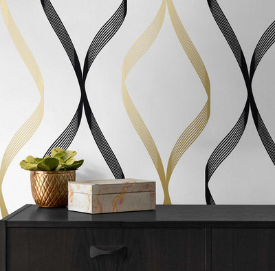 product image for Ogee Ribbon Peel-and-Stick Wallpaper in Metallic Gold & Ebony 48