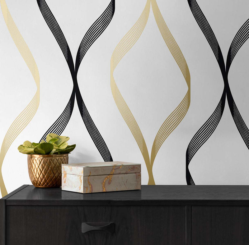 media image for Ogee Ribbon Peel-and-Stick Wallpaper in Metallic Gold & Ebony 280