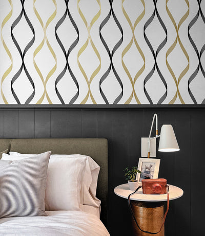 product image for Ogee Ribbon Peel-and-Stick Wallpaper in Metallic Gold & Ebony 47