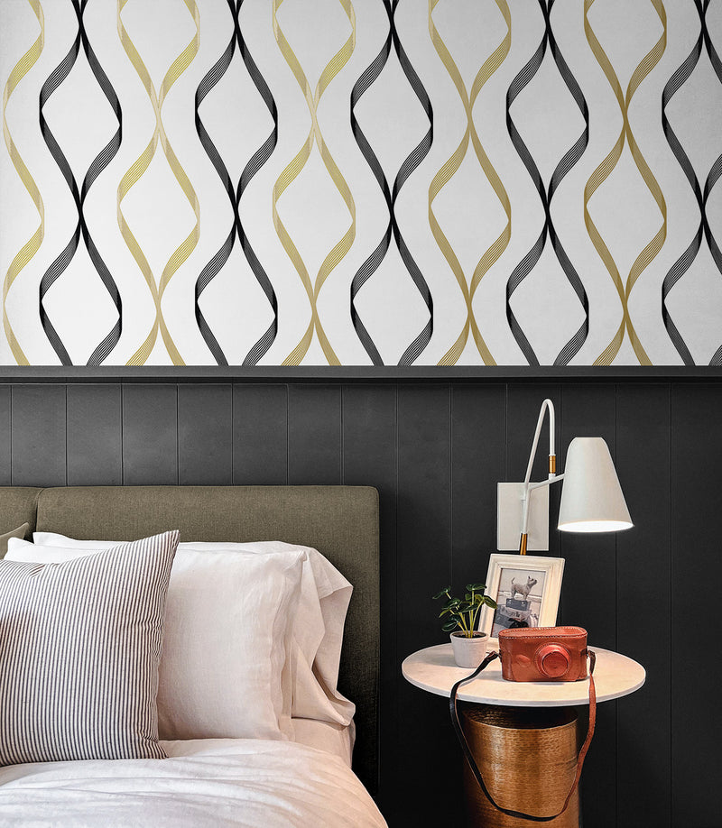 media image for Ogee Ribbon Peel-and-Stick Wallpaper in Metallic Gold & Ebony 210