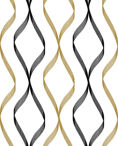product image of Ogee Ribbon Peel-and-Stick Wallpaper in Metallic Gold & Ebony 532