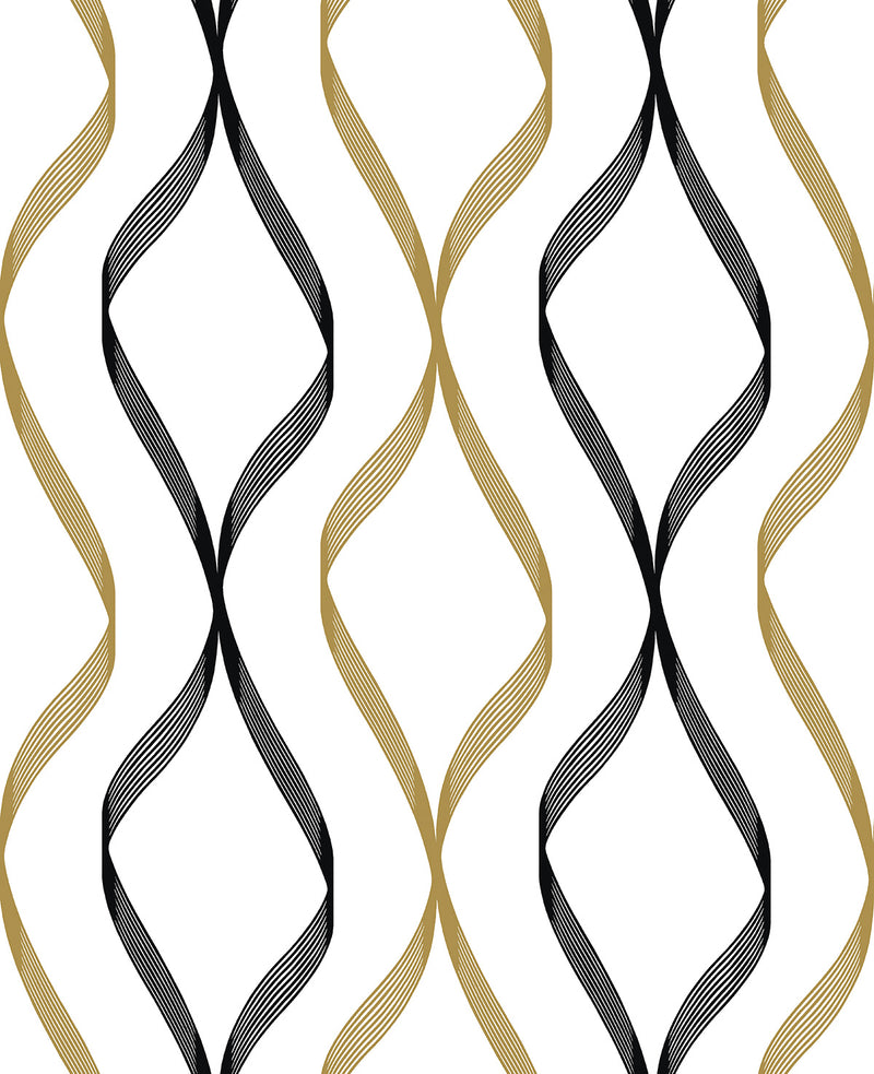 media image for Ogee Ribbon Peel-and-Stick Wallpaper in Metallic Gold & Ebony 263