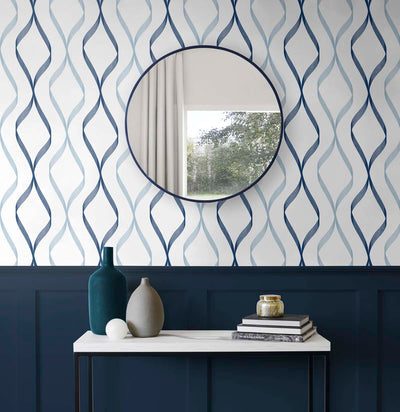 product image for Ogee Ribbon Peel-and-Stick Wallpaper in Celtic Blue & Dewdrop 40