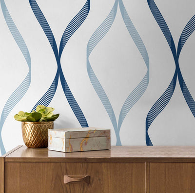 product image for Ogee Ribbon Peel-and-Stick Wallpaper in Celtic Blue & Dewdrop 74