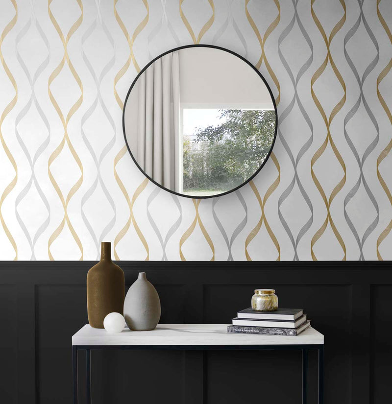 media image for Ogee Ribbon Peel-and-Stick Wallpaper in Silver & Gold 281