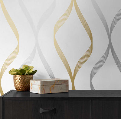 product image for Ogee Ribbon Peel-and-Stick Wallpaper in Silver & Gold 94