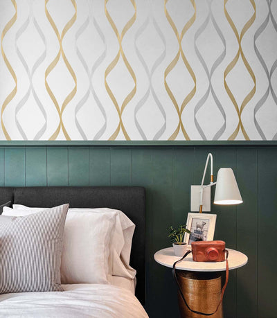 product image for Ogee Ribbon Peel-and-Stick Wallpaper in Silver & Gold 70