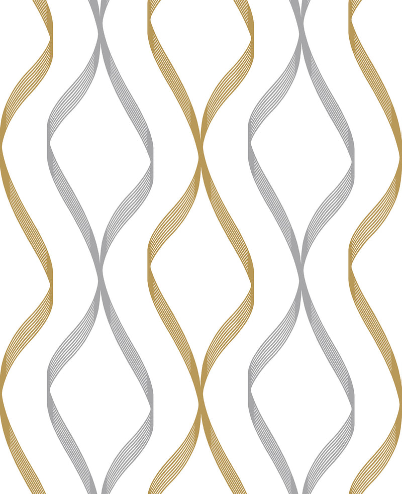 media image for Ogee Ribbon Peel-and-Stick Wallpaper in Silver & Gold 269