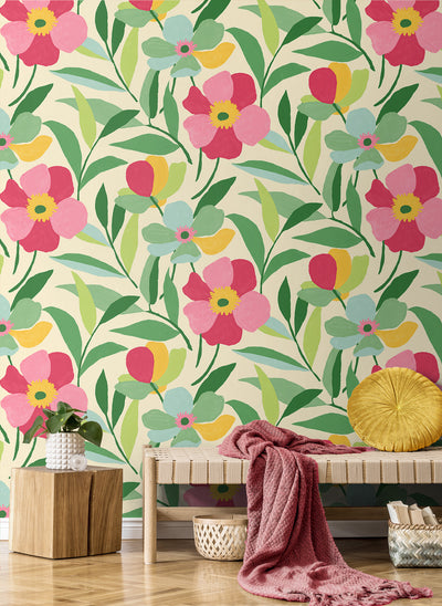 product image for Garden Block Floral Peel-and-Stick Wallpaper in Pink & Kelly Green 68