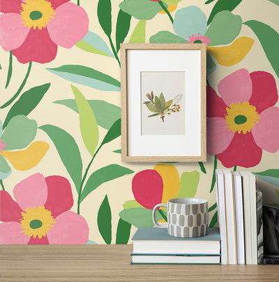 product image for Garden Block Floral Peel-and-Stick Wallpaper in Pink & Kelly Green 45