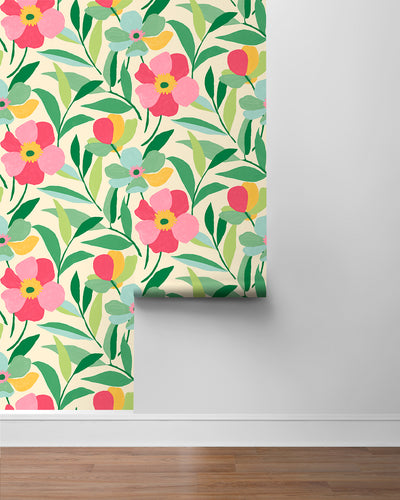 product image for Garden Block Floral Peel-and-Stick Wallpaper in Pink & Kelly Green 96