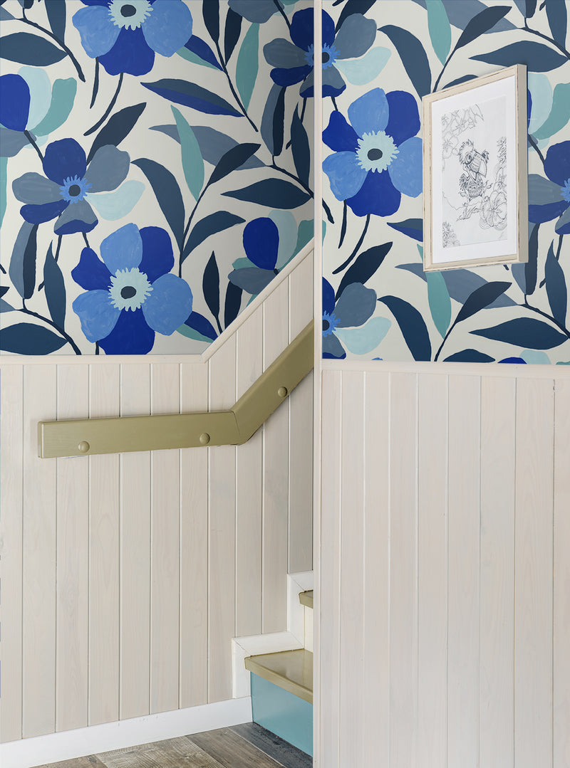 media image for Garden Block Floral Peel-and-Stick Wallpaper in Cobalt Blue & Lagoon 260