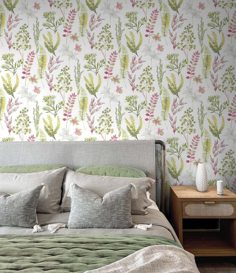 media image for Wild Garden Peel-and-Stick Wallpaper in Lemongrass & Posy Pink 293