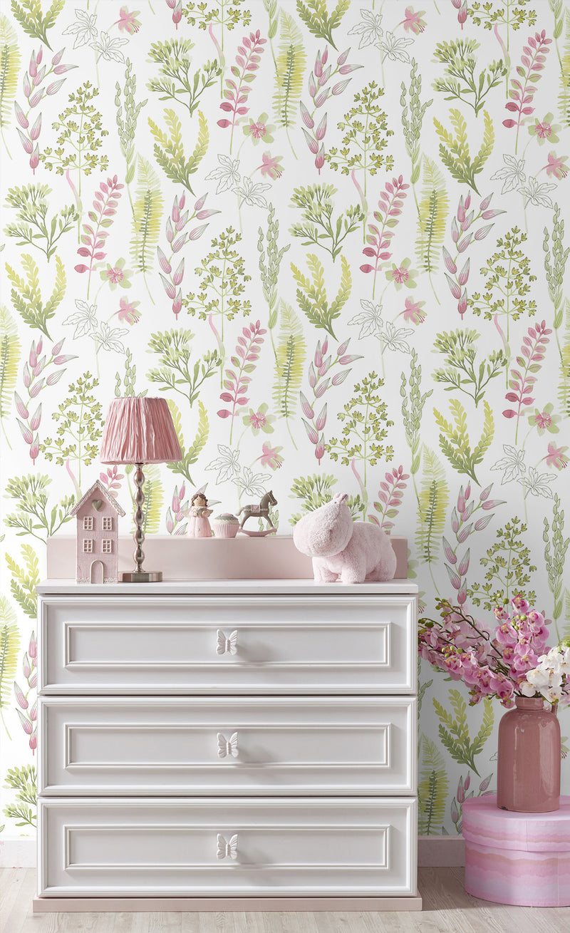 media image for Wild Garden Peel-and-Stick Wallpaper in Lemongrass & Posy Pink 245