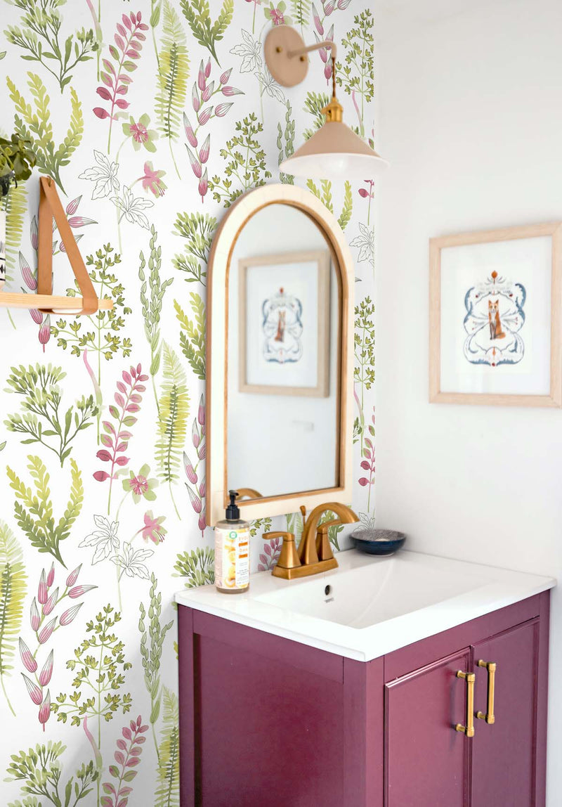 media image for Wild Garden Peel-and-Stick Wallpaper in Lemongrass & Posy Pink 282