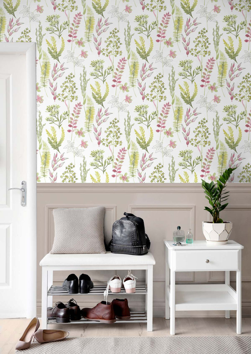 media image for Wild Garden Peel-and-Stick Wallpaper in Lemongrass & Posy Pink 232