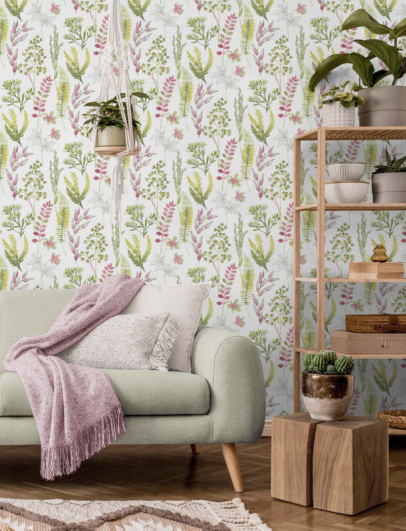 media image for Wild Garden Peel-and-Stick Wallpaper in Lemongrass & Posy Pink 251