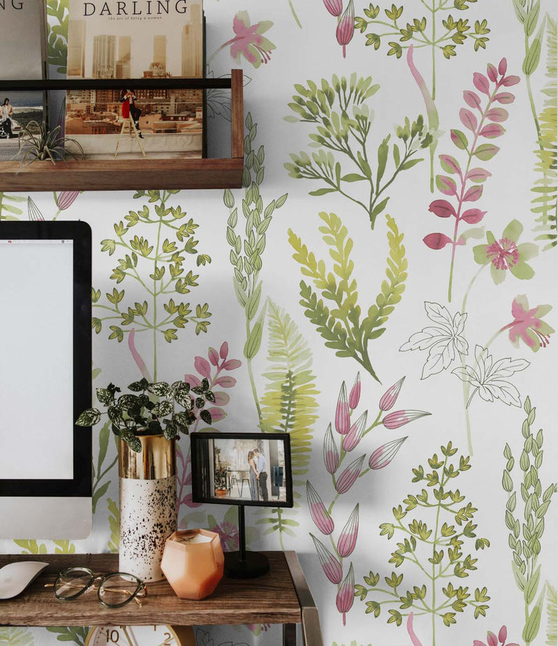 media image for Wild Garden Peel-and-Stick Wallpaper in Lemongrass & Posy Pink 26