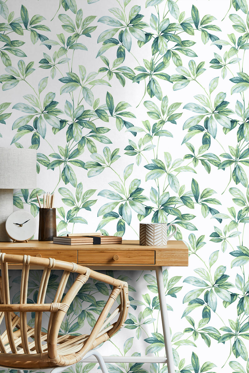 media image for Leaf Trail Peel-and-Stick Wallpaper in Seaglass 278