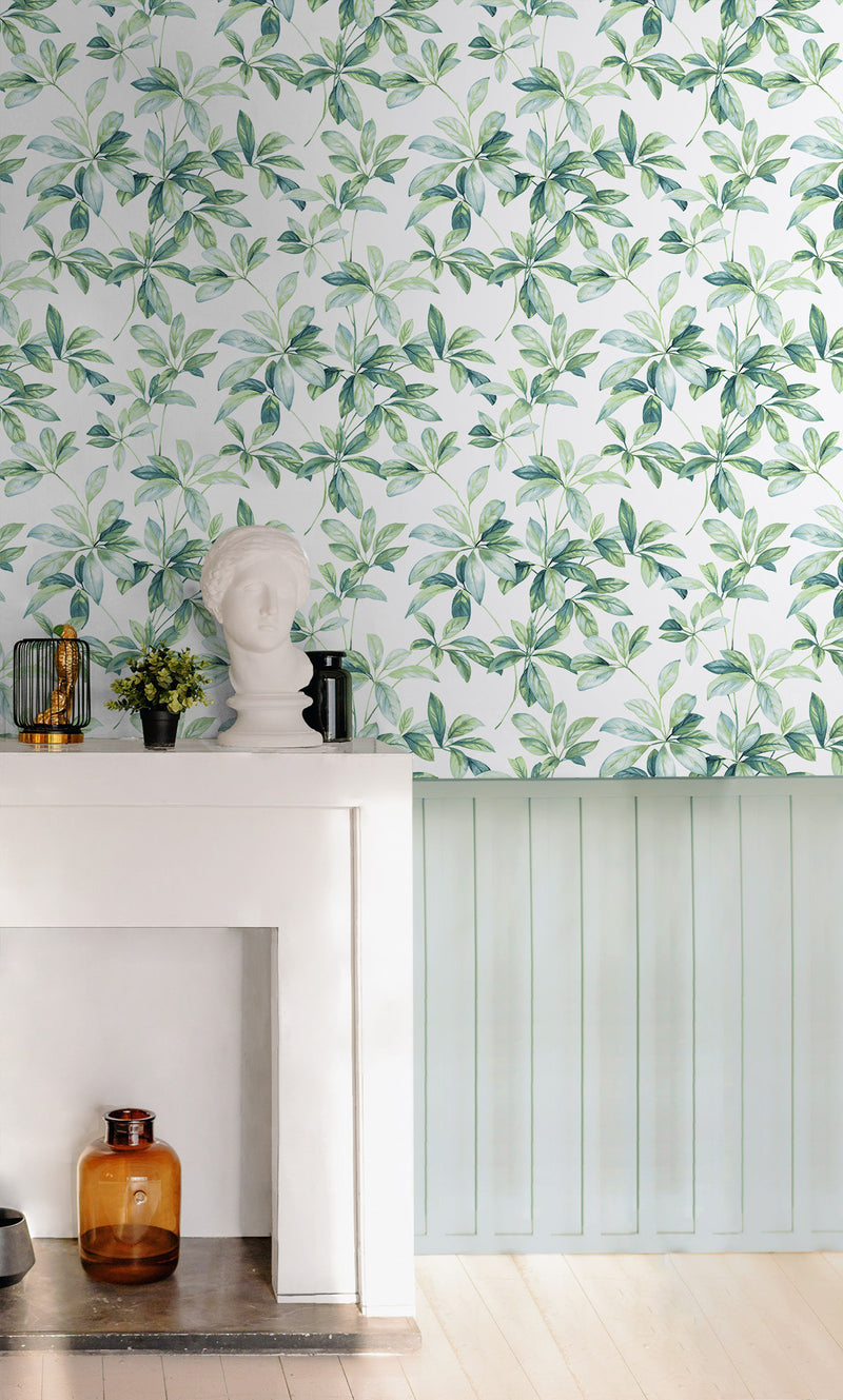 media image for Leaf Trail Peel-and-Stick Wallpaper in Seaglass 28