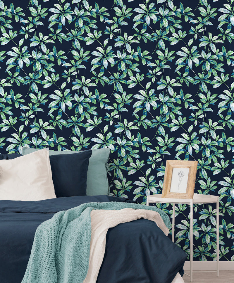 media image for Leaf Trail Peel-and-Stick Wallpaper in Navy & Spearmint 288