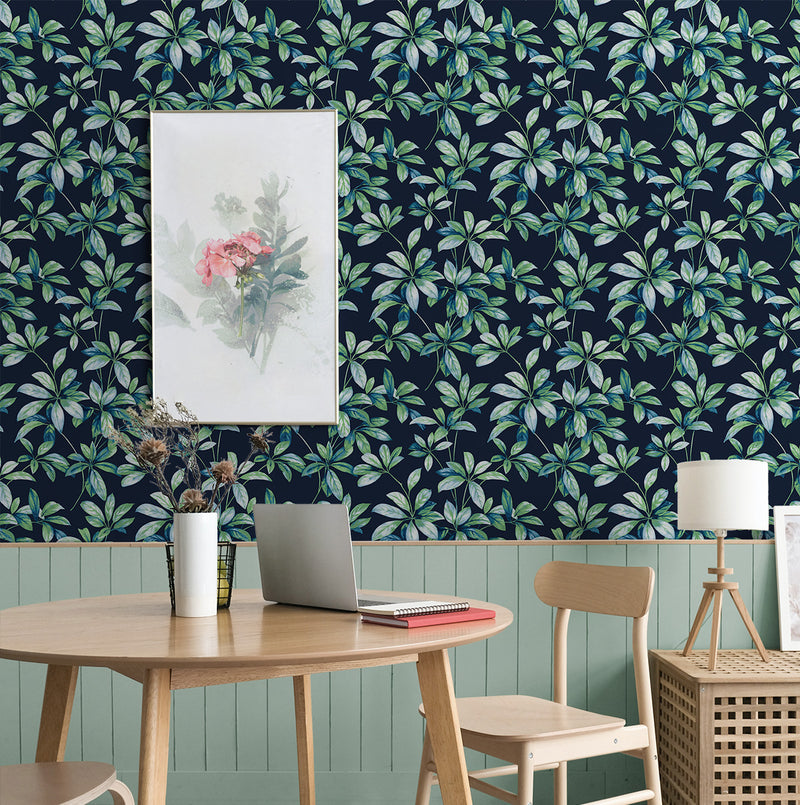 media image for Leaf Trail Peel-and-Stick Wallpaper in Navy & Spearmint 292