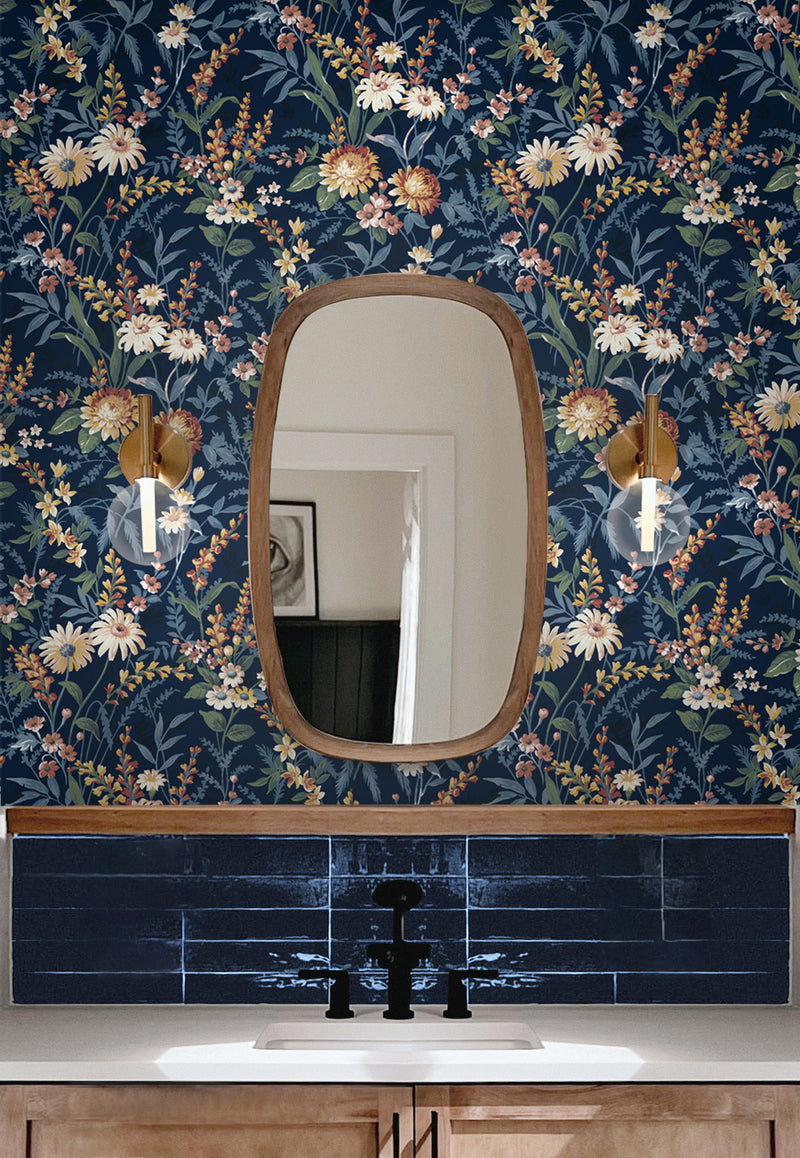 media image for Vintage Floral Peel-and-Stick Wallpaper in Navy Blue 258