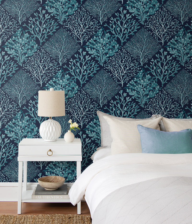 media image for Seaweed Peel-and-Stick Wallpaper in Teal & Navy Blue 26