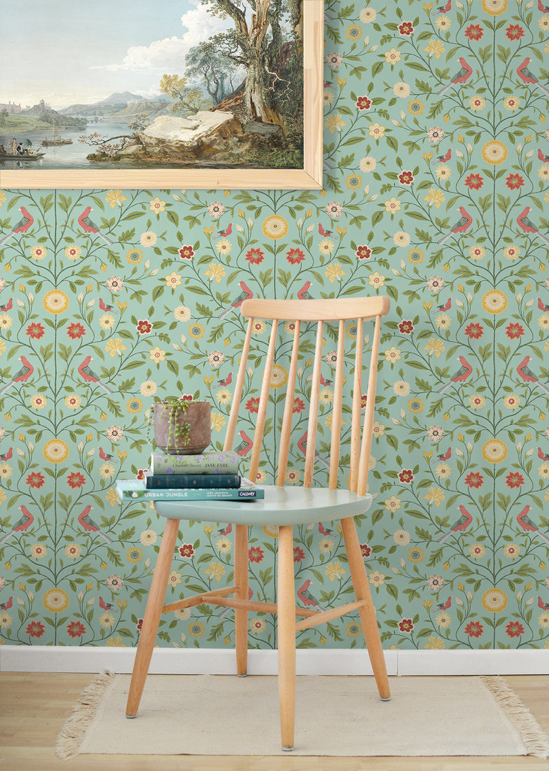 media image for Bird Toile Peel-and-Stick Wallpaper in Aquamarine 259