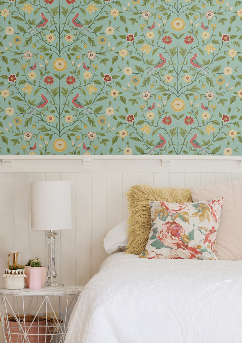 media image for Bird Toile Peel-and-Stick Wallpaper in Aquamarine 25