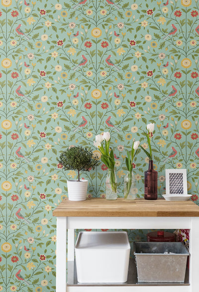 product image for Bird Toile Peel-and-Stick Wallpaper in Aquamarine 16