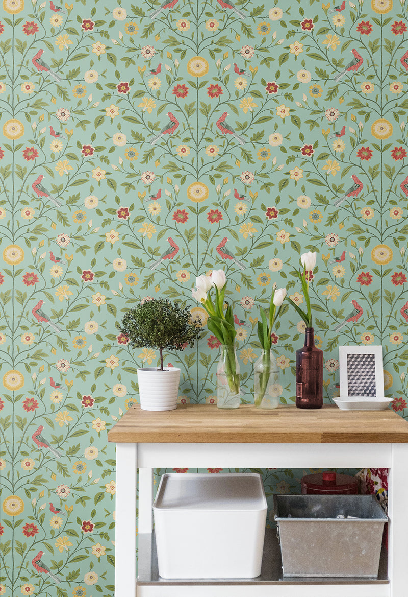 media image for Bird Toile Peel-and-Stick Wallpaper in Aquamarine 227