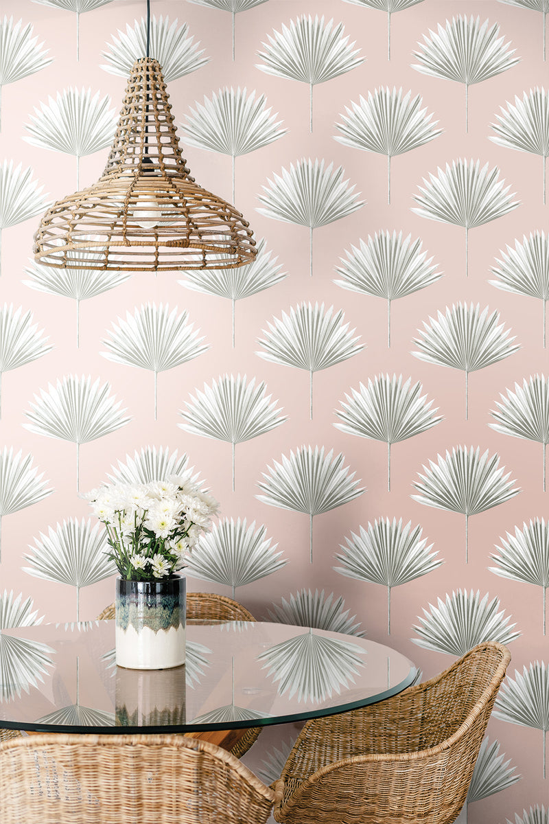 media image for Tropical Fan Palm Peel-and-Stick Wallpaper in Pink Mist 225