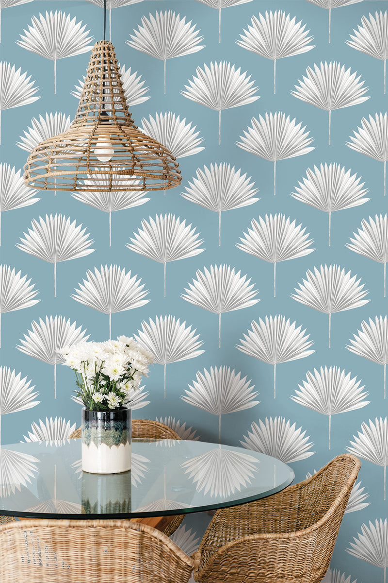 media image for Tropical Fan Palm Peel-and-Stick Wallpaper in Blue Patina 265