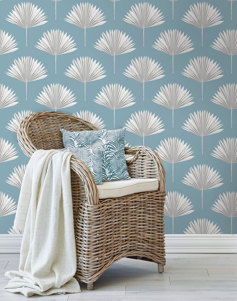 media image for Tropical Fan Palm Peel-and-Stick Wallpaper in Blue Patina 249