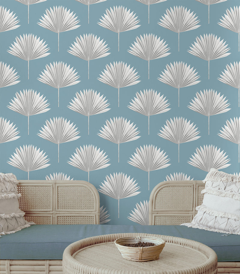 media image for Tropical Fan Palm Peel-and-Stick Wallpaper in Blue Patina 254