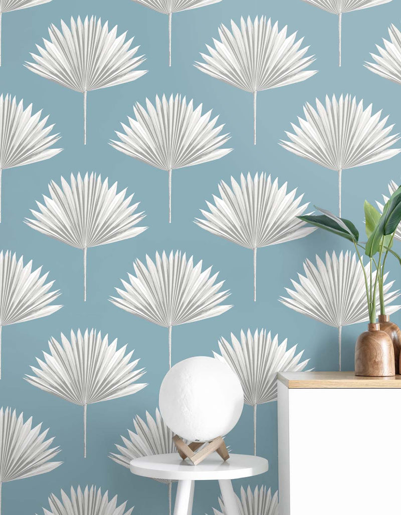 media image for Tropical Fan Palm Peel-and-Stick Wallpaper in Blue Patina 285