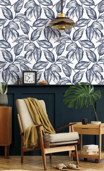 product image for Sketched Leaves Peel-and-Stick Wallpaper in Navy Blue 35